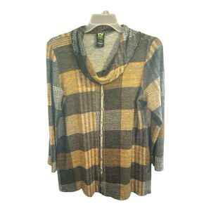 Cowl neck checkered and plaid long sleeve tunic with button accent